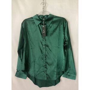 C.CLINE WHITE SATIN V-NECK BUTTON-UP BLOUSE SIZE MED NWT GREEN